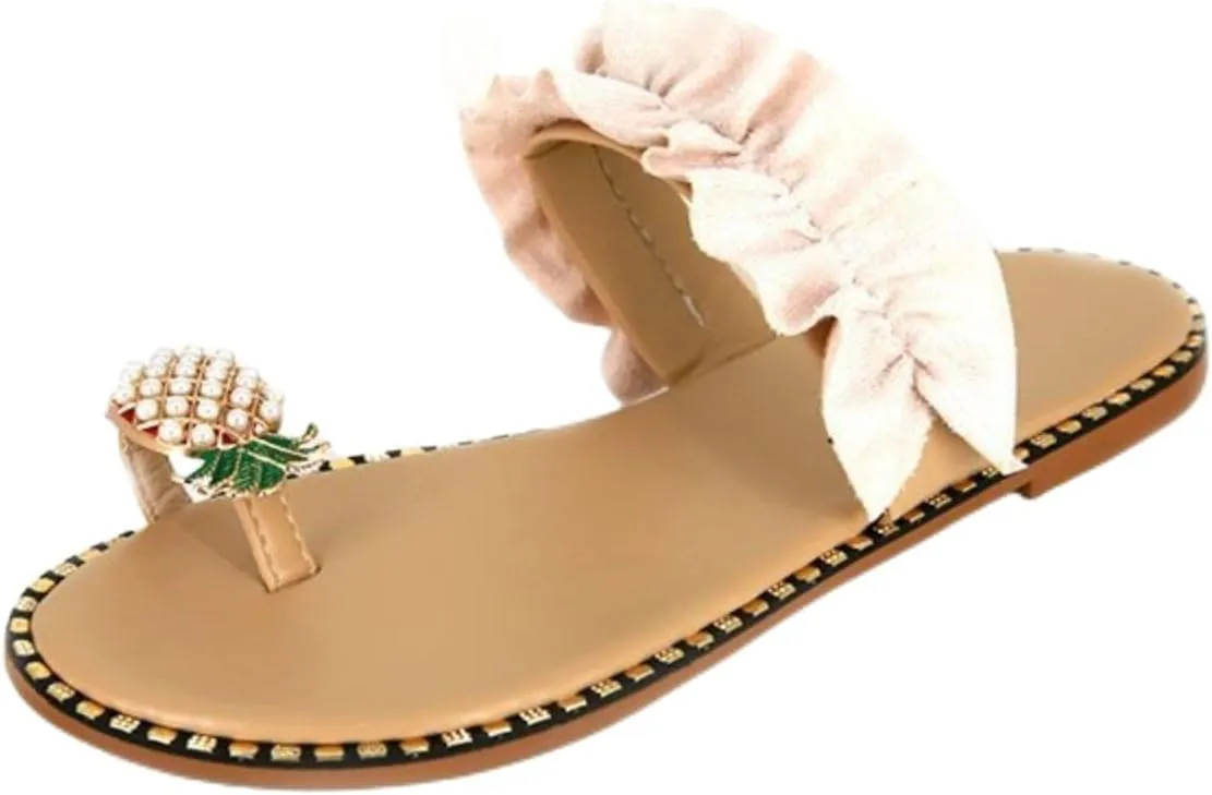 Sandals for Women Flat Sweet Cute Pearls Pineapple Sandals Clip Toe Flip Flops Boho Casual Flat Slippers Beach Shoes