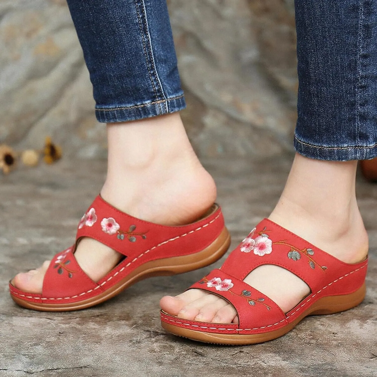 Sandals Women Dressy Orthopedic Sandals Summer Comfort Shoes with Arch Support Low Wedge Sandal Open Toe Slip On Slippers Platform Wedges Lightweight Walking Shoe Orthowear Shoes Wide Width