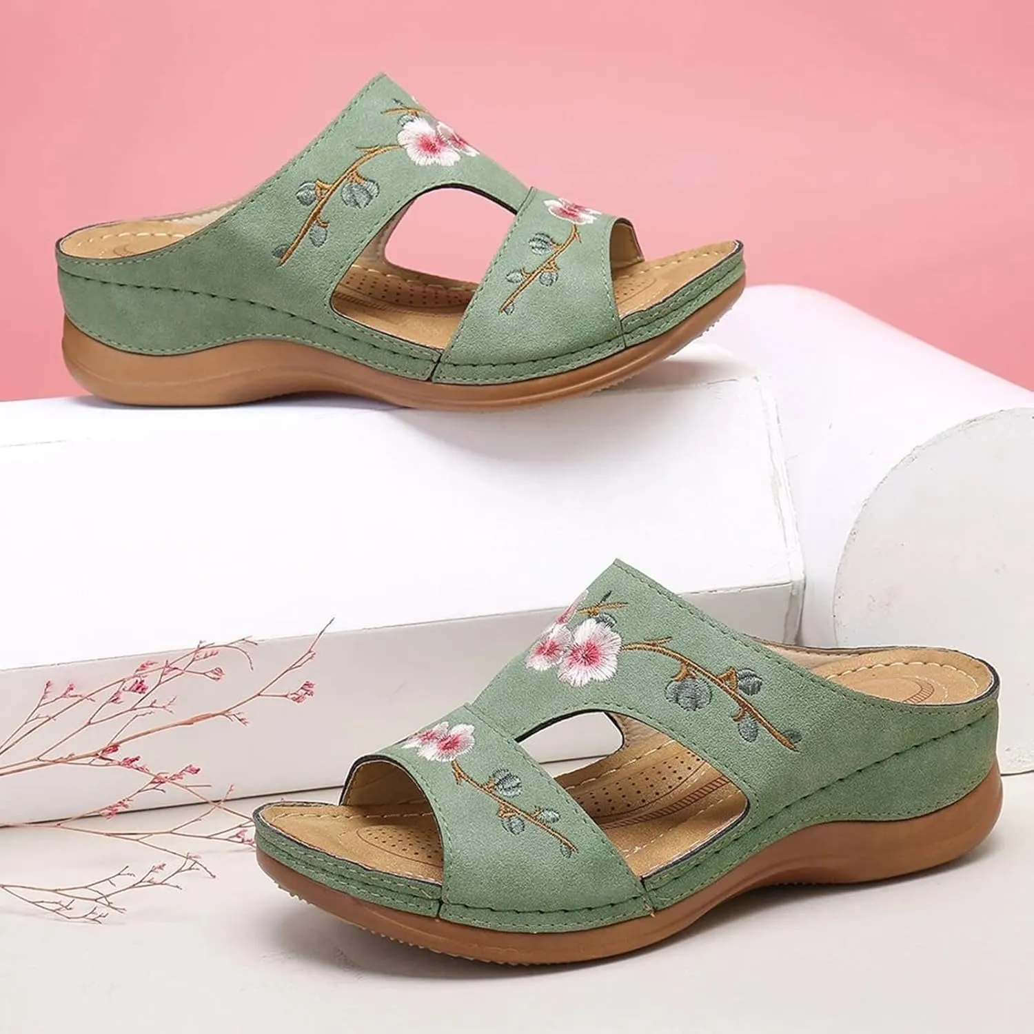 Sandals Women Dressy Orthopedic Sandals Summer Comfort Shoes with Arch Support Low Wedge Sandal Open Toe Slip On Slippers Platform Wedges Lightweight Walking Shoe Orthowear Shoes Wide Width