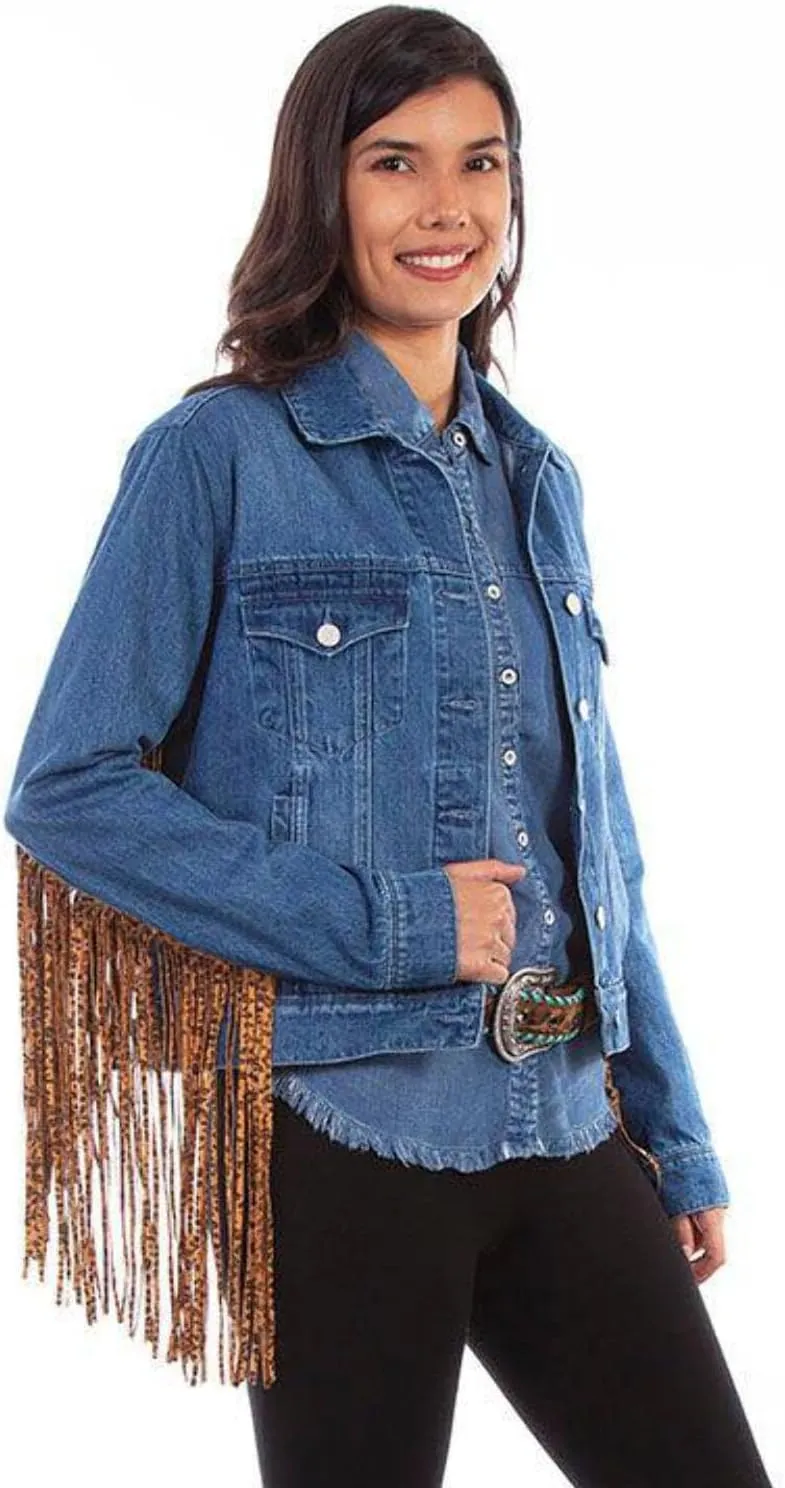 Scully Womens Denim Jacket with Leopard Fringe Denim Size: