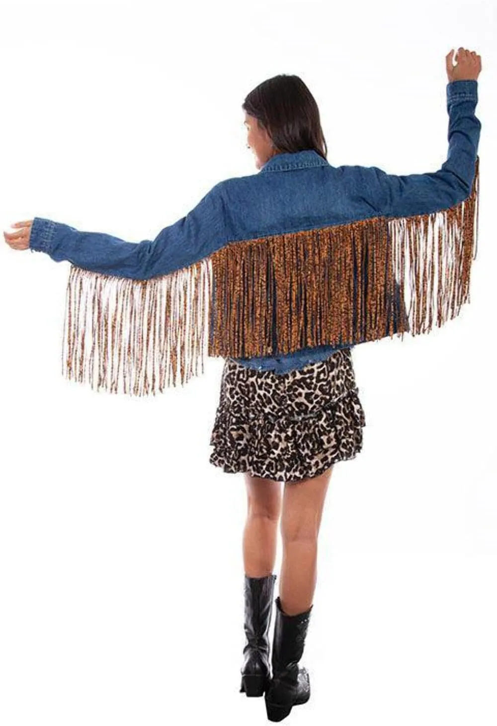 Scully Womens Denim Jacket with Leopard Fringe Denim Size:
