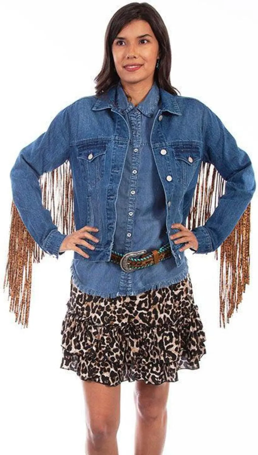 Scully Womens Denim Jacket with Leopard Fringe Denim Size: