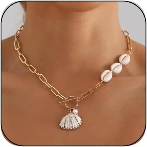 Shell Necklace Seashell Pearl Necklace Summer Puka Shell Charm Necklace Hawaiian Starfish Sea Shell Necklaces Layered Boho Choker Beach Necklace Jewelry Outfit Accessories for Women