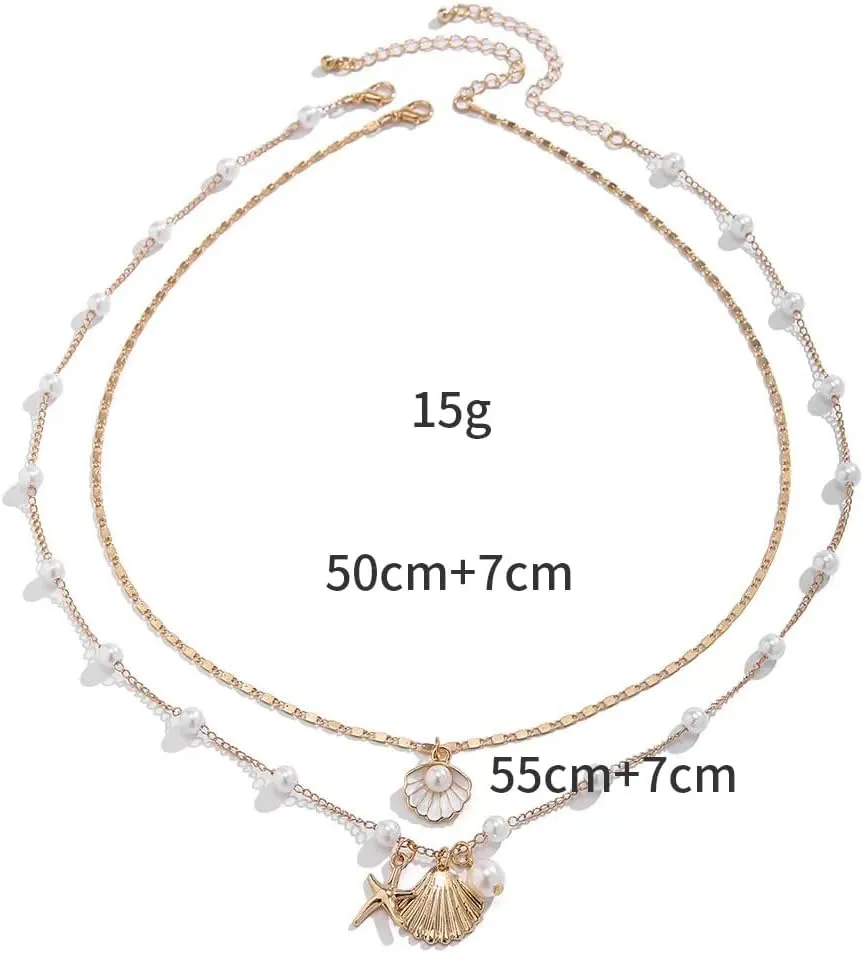 Shell Seashell Necklace Summer Beach Puka Shell Necklace Jewelry Choker Beach Necklaces for Women Preppy Shell Necklace Layered Charm Sequins Starfish Conch