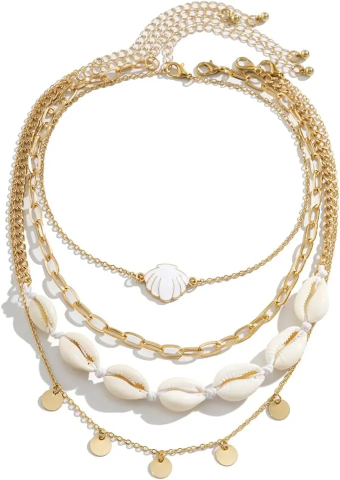 Shell Seashell Necklace Summer Beach Puka Shell Necklace Jewelry Choker Beach Necklaces for Women Preppy Shell Necklace Layered Charm Sequins Starfish Conch