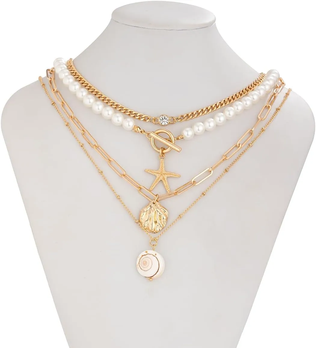 Shell Seashell Necklace Summer Beach Puka Shell Necklace Jewelry Choker Beach Necklaces for Women Preppy Shell Necklace Layered Charm Sequins Starfish Conch