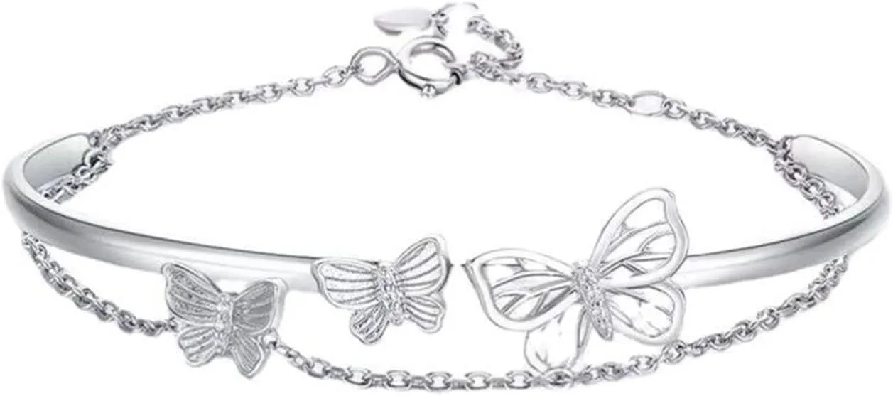 Silver Butterfly Bracelets for Women - Adjustable Layered Dainty Link
