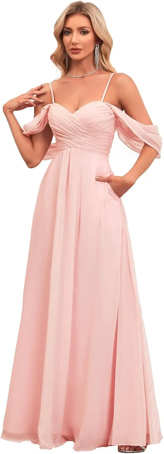 Spaghetti Strap Chiffon Bridesmaid Dresses for Wedding Women's V-Neck Off Shoulder Formal Dresses