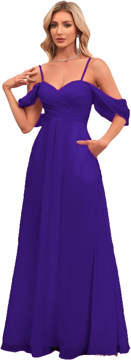 Spaghetti Strap Chiffon Bridesmaid Dresses for Wedding Women's V-Neck Off Shoulder Formal Dresses