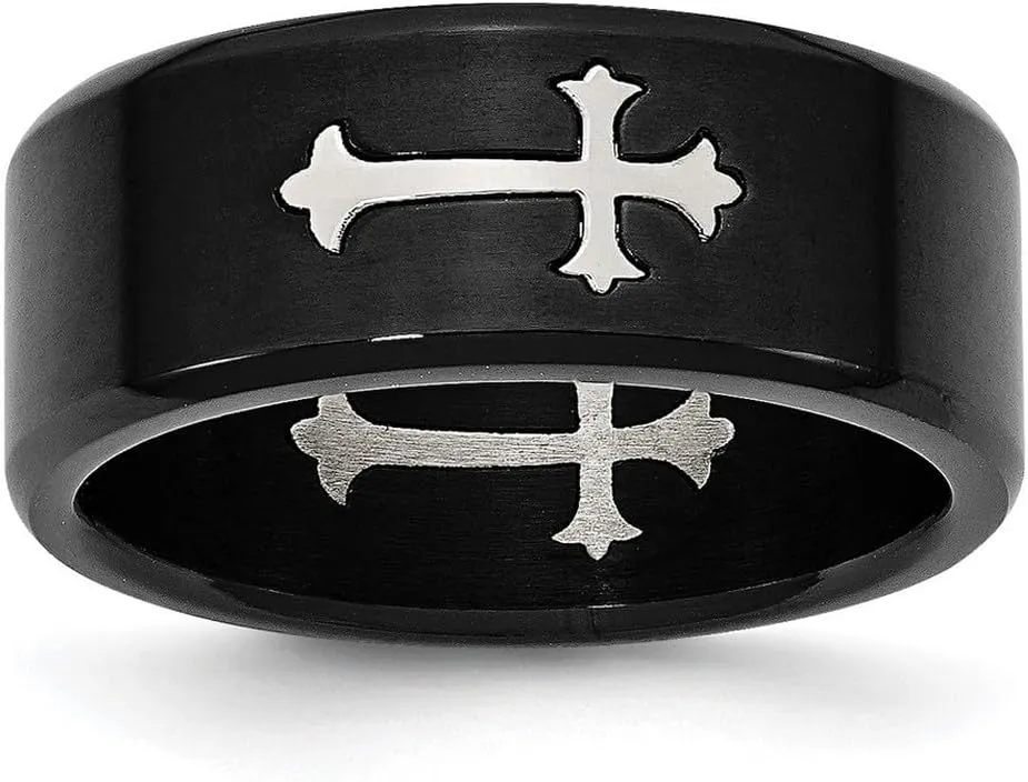 Stainless Steel Brushed Black Plated With Polished Religious Faith Cross Ring Size 7.5 9mm Wide
