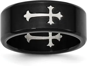 Stainless Steel Brushed Black Plated With Polished Religious Faith Cross Ring Size 7.5 9mm Wide