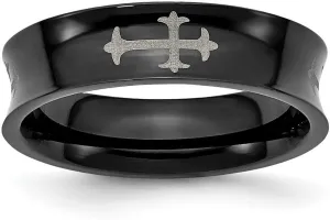Stainless Steel Concave Polished Religious Faith Crosses and Black Plated 6mm Band Ring Size 7.5-Band Style-Ring for Women and Men