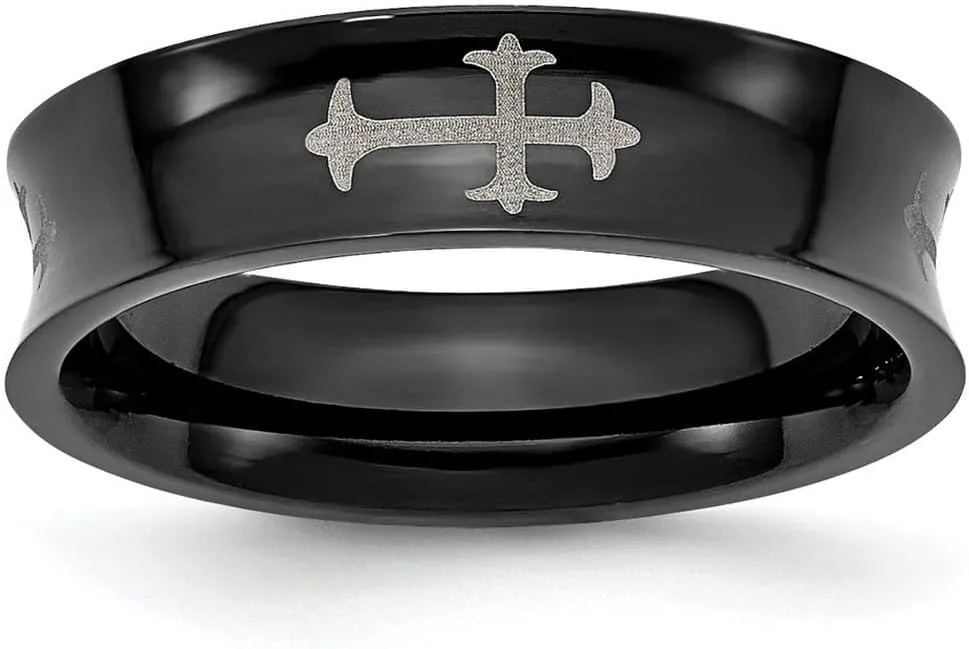 Stainless Steel Concave Polished Religious Faith Crosses and Black Plated 6mm Band Ring Size 9.5-Band Style-Ring for Women and Men