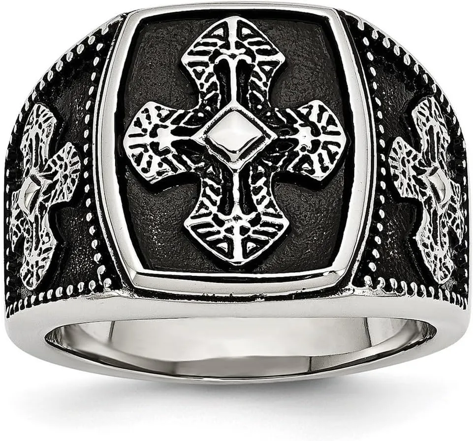 Stainless Steel Polished and Artisan Oxidized Religious Faith Cross Ring Size 11 - Jewelry Gift for Mom