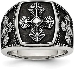 Stainless Steel Polished and Artisan Oxidized Religious Faith Cross Ring Size 11 - Jewelry Gift for Mom