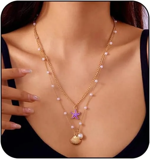 Starfish Necklace Boho Starfish Sea Shell Pendant Choker Leather Necklace Cord Silver Summer Beach Necklaces Summer Dresses Jewelry for Women