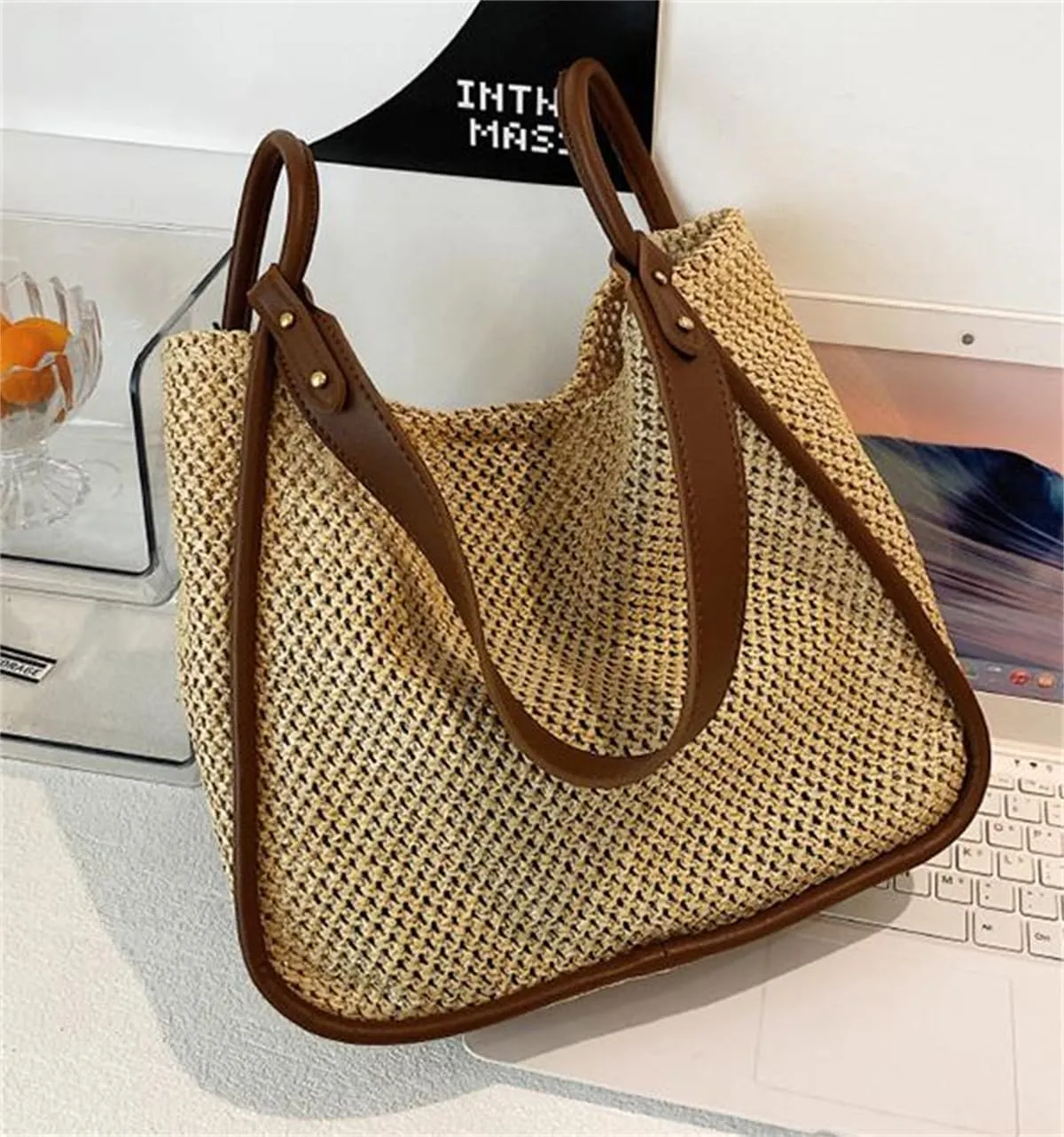 Straw Bag for Women for Wedding, Beach Bag Straw Purses for Women Summer Woven Beach Tote Bag with Straw Clutch