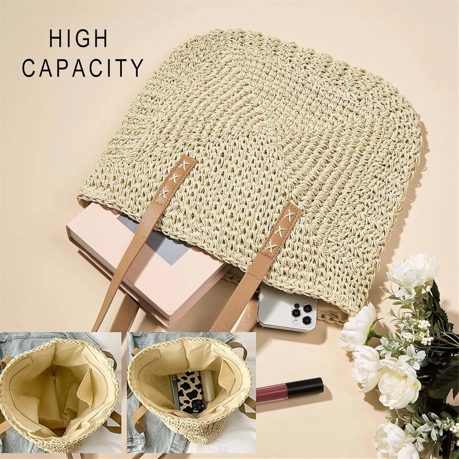 Straw Beach Bags for Women Summer Beach Tote Bag With Zipper Large Soft Woven Straw Shoulder Summer Vacation Purse