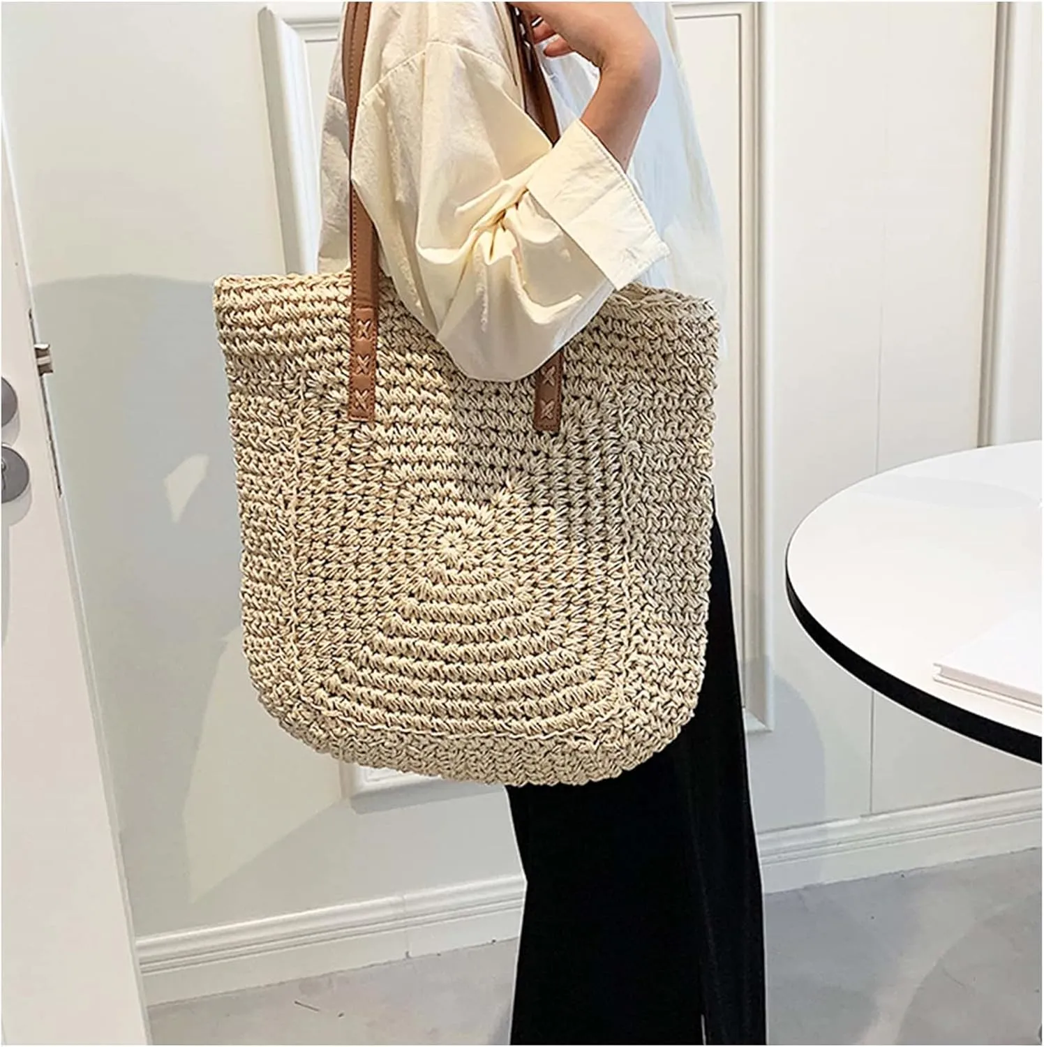 Straw Beach Bags for Women Summer Beach Tote Bag With Zipper Large Soft Woven Straw Shoulder Summer Vacation Purse