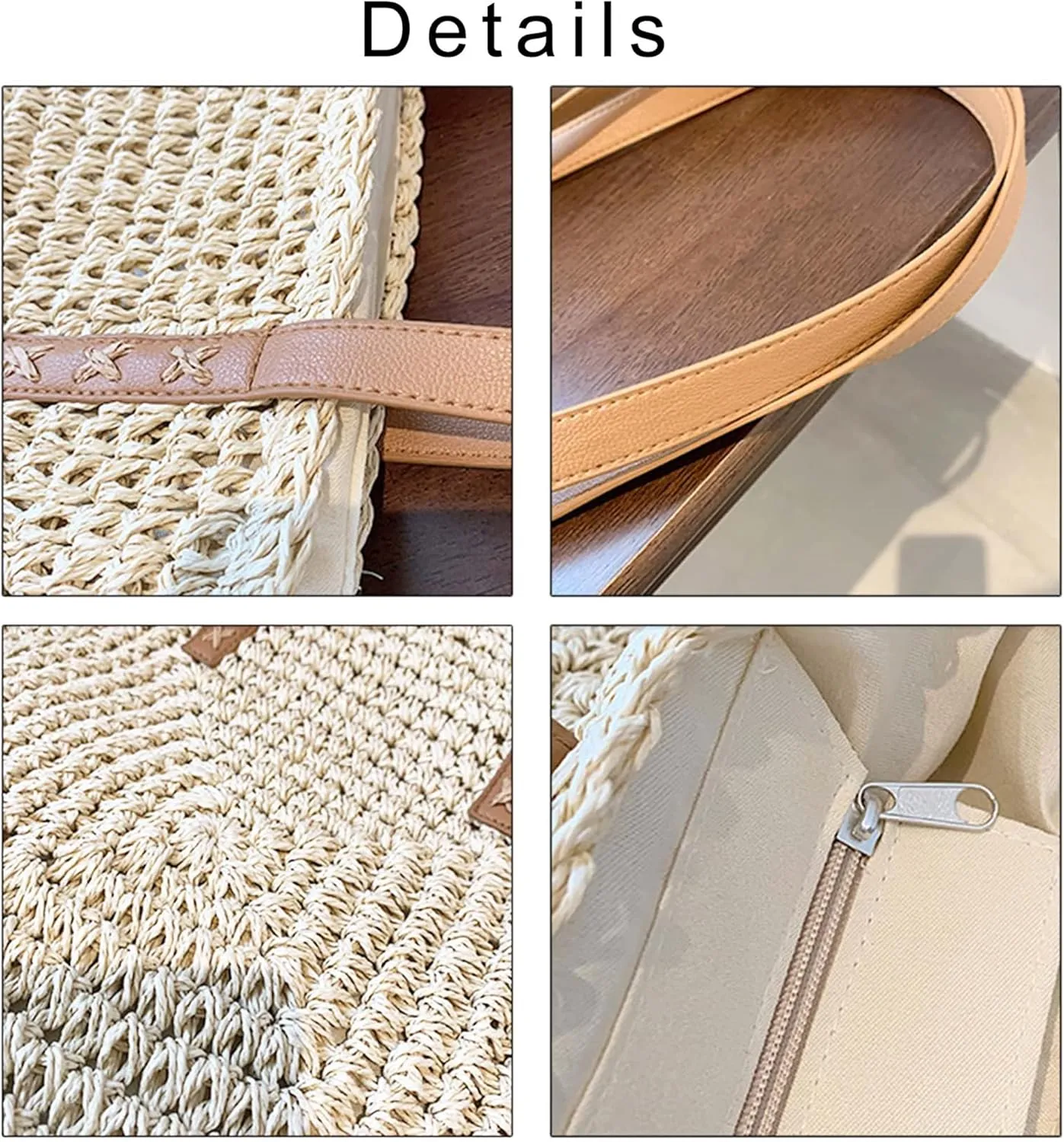 Straw Beach Bags for Women Summer Beach Tote Bag With Zipper Large Soft Woven Straw Shoulder Summer Vacation Purse