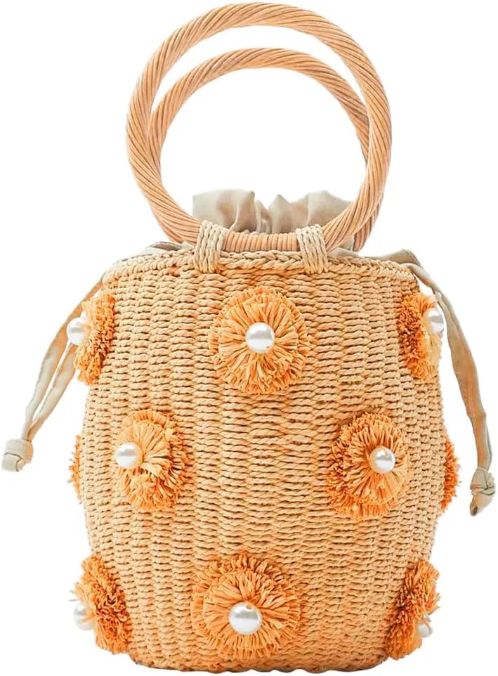 Straw Woven Handbag Bucket, Boho Summer Beach Travel Vacation Flower Pearls Rattan Tote Bag Drawstring Straw Bucket Bag for Women