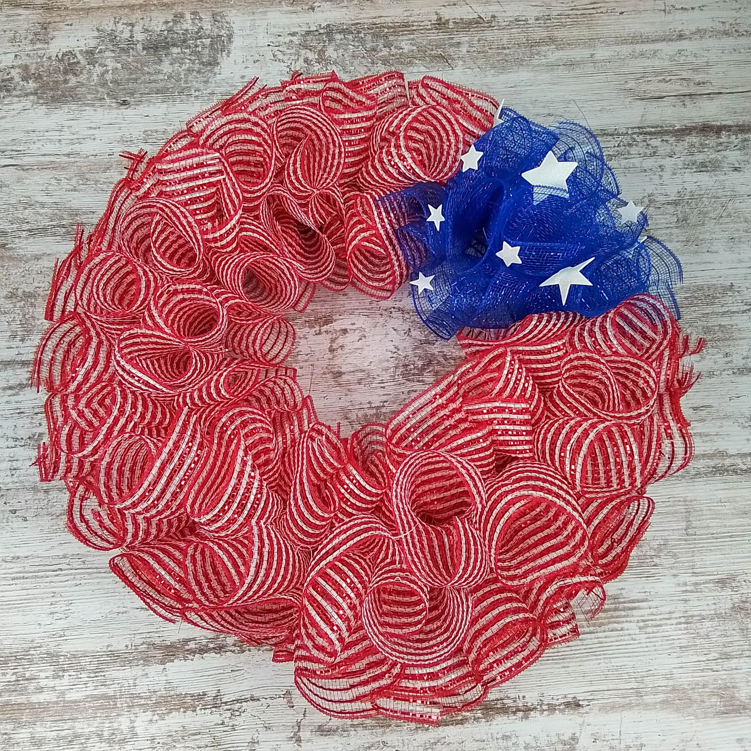 Striped American Flag Wreath | Fourth of July Mesh Front Door Wreath | Red White Blue