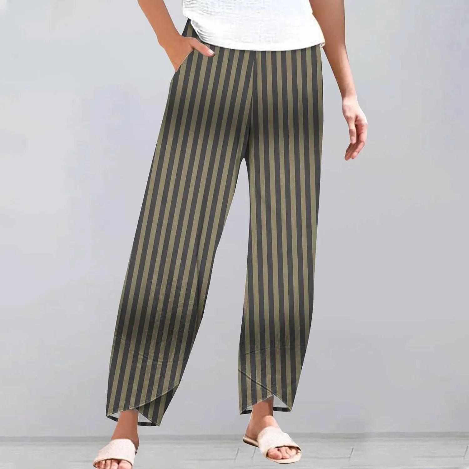 Striped Linen Pants for Women Loose Palazzo Womens Trousers Casual Elastic Waist Wide Leg Capri with Pockets