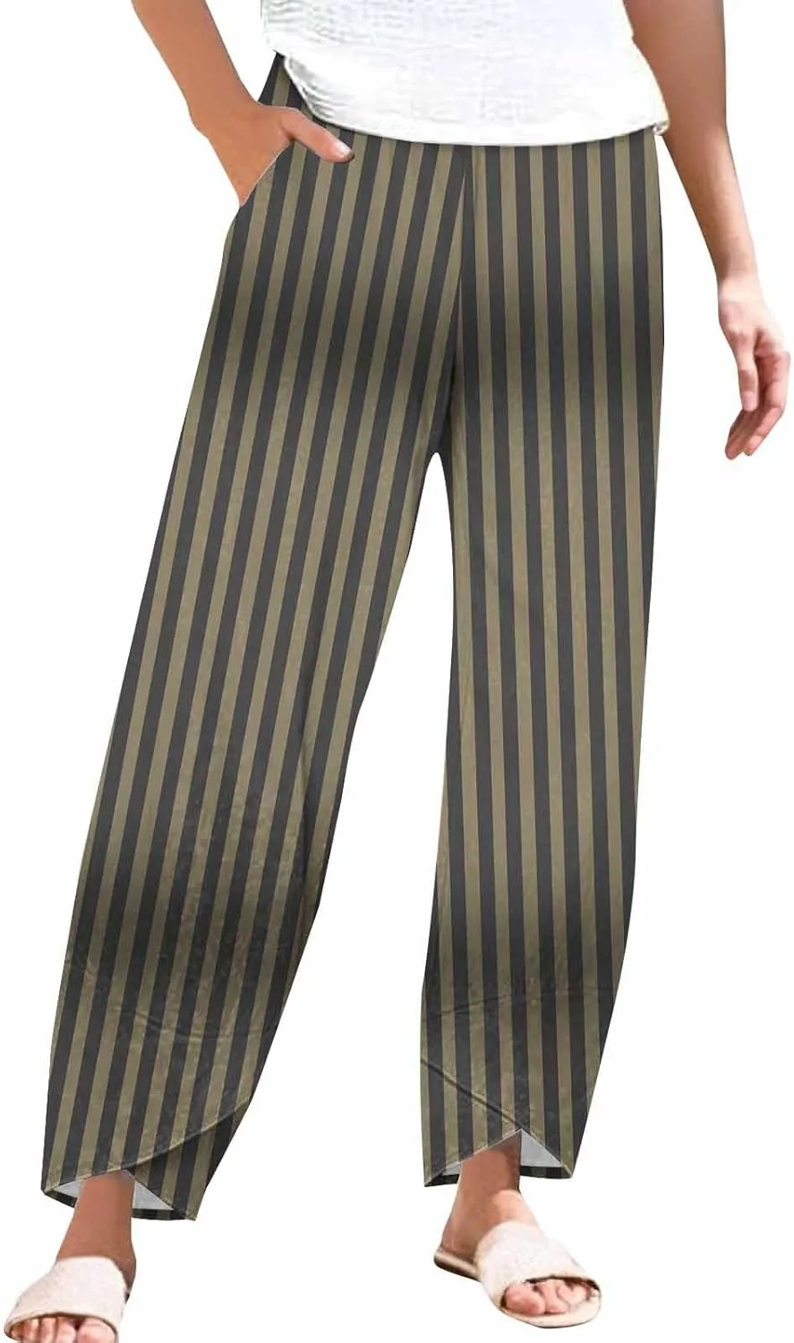 Striped Linen Pants for Women Loose Palazzo Womens Trousers Casual Elastic Waist Wide Leg Capri with Pockets
