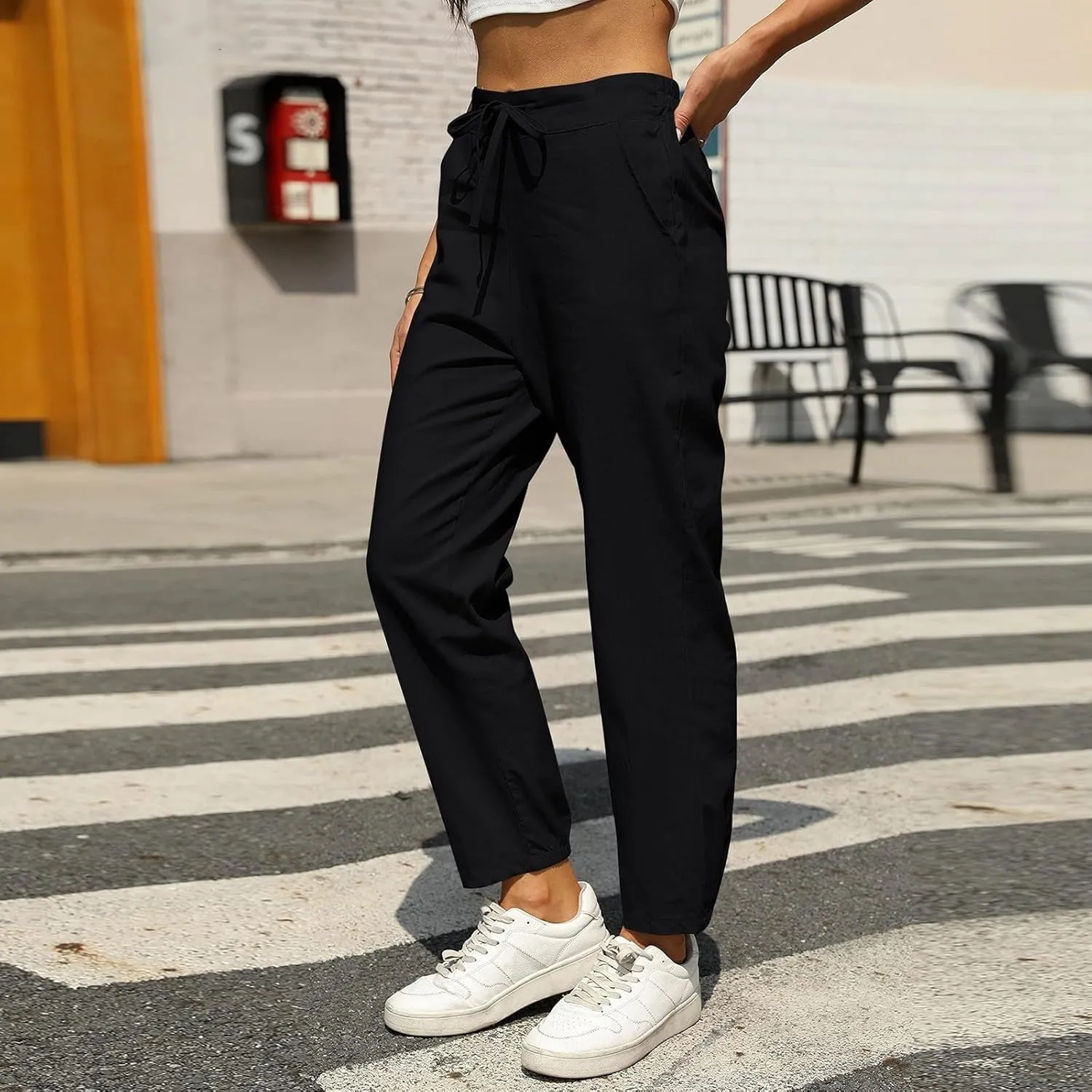 Summer Drawstring Casual Lounge Pant Cotton Blend Drawstring Elastic Waist Pocket Long Wide Leg Casual Lounge Pant