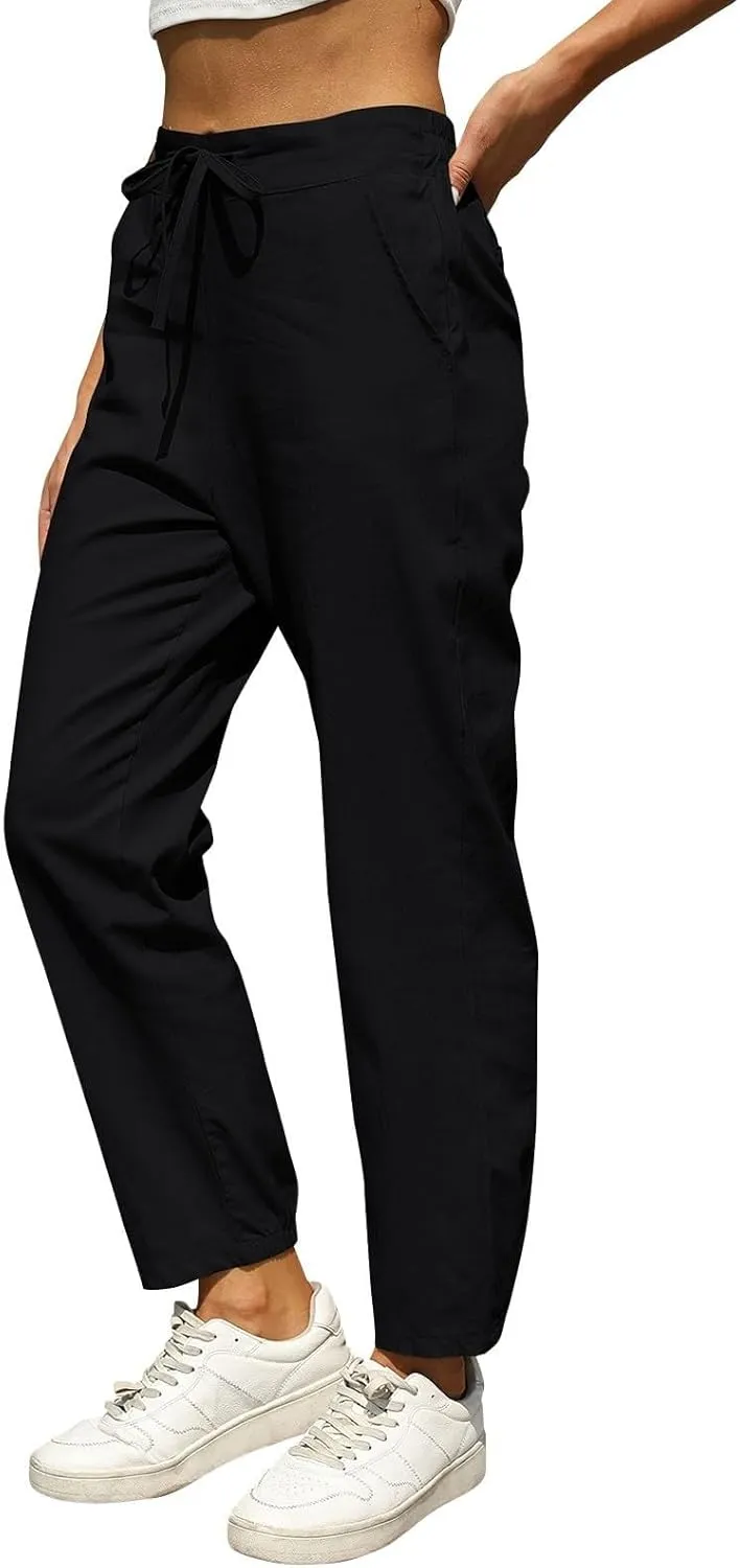 Summer Drawstring Casual Lounge Pant Cotton Blend Drawstring Elastic Waist Pocket Long Wide Leg Casual Lounge Pant