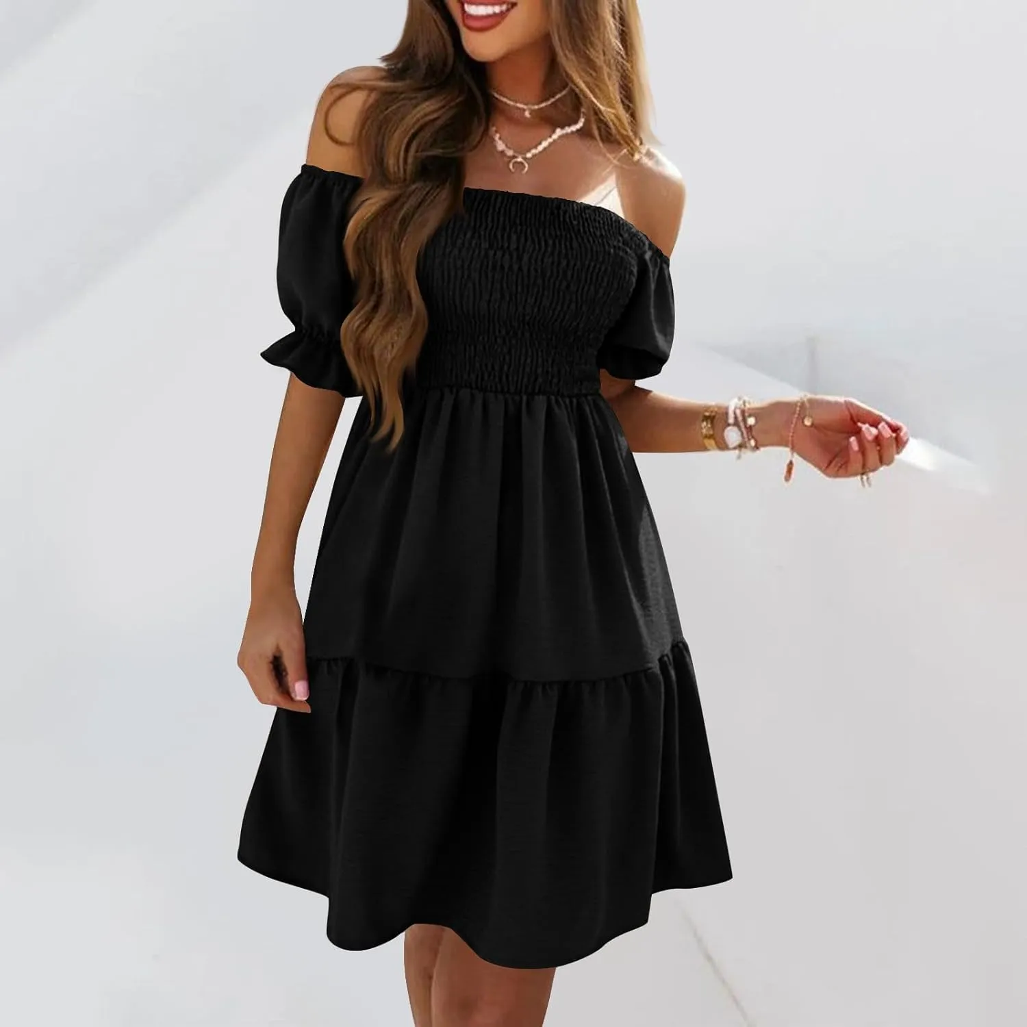 Summer Dresses for Women 2024 Midi Off Shoulder Puff Sleeve Dress Pleated Ruffle Elegant Dress Trendy Casual Sundress