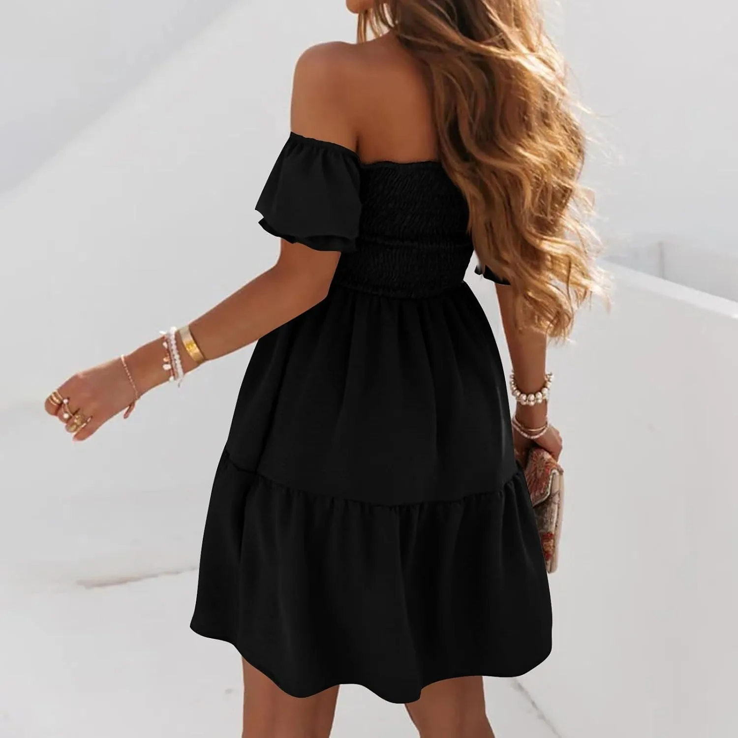 Summer Dresses for Women 2024 Midi Off Shoulder Puff Sleeve Dress Pleated Ruffle Elegant Dress Trendy Casual Sundress