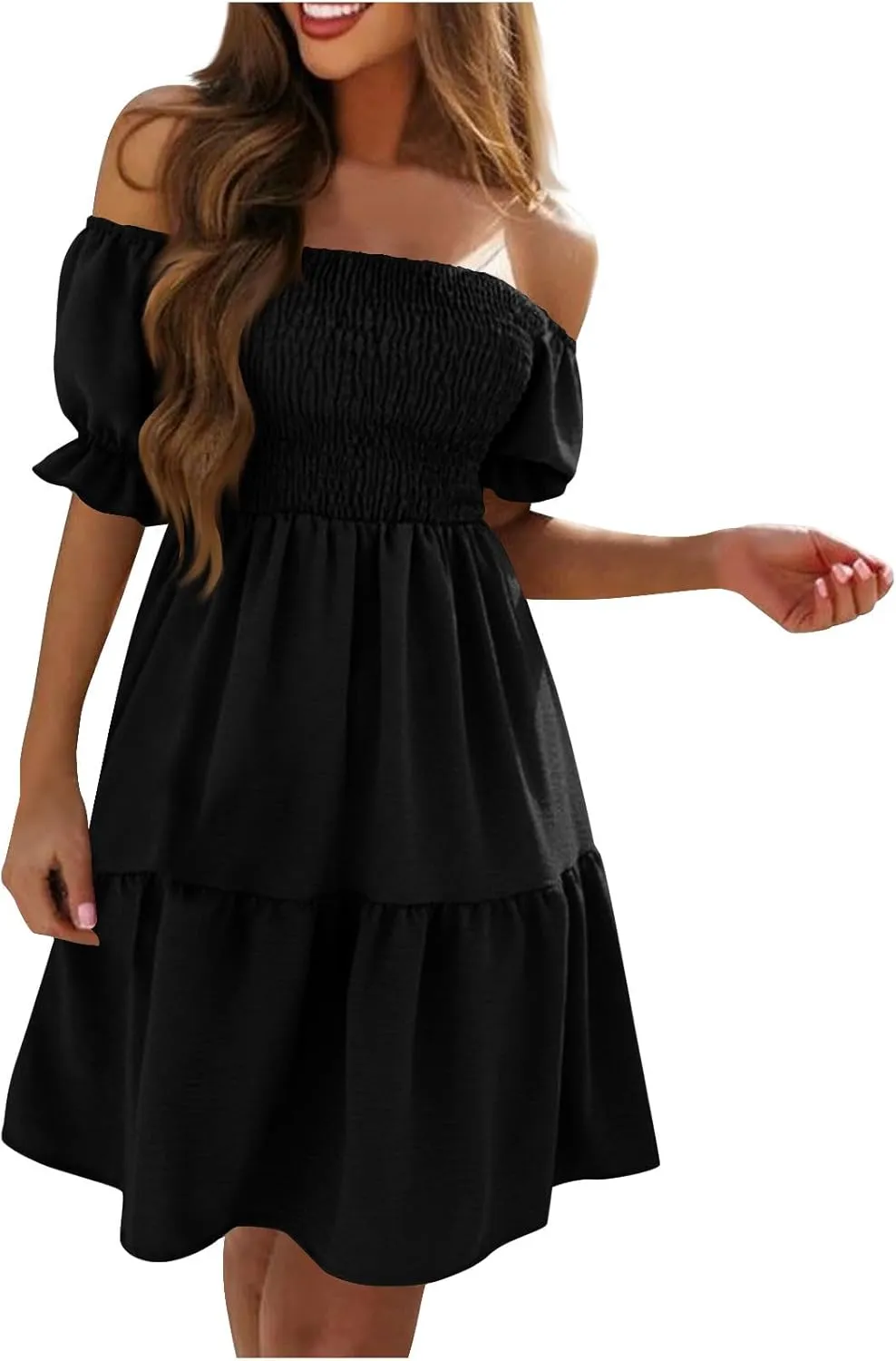 Summer Dresses for Women 2024 Midi Off Shoulder Puff Sleeve Dress Pleated Ruffle Elegant Dress Trendy Casual Sundress