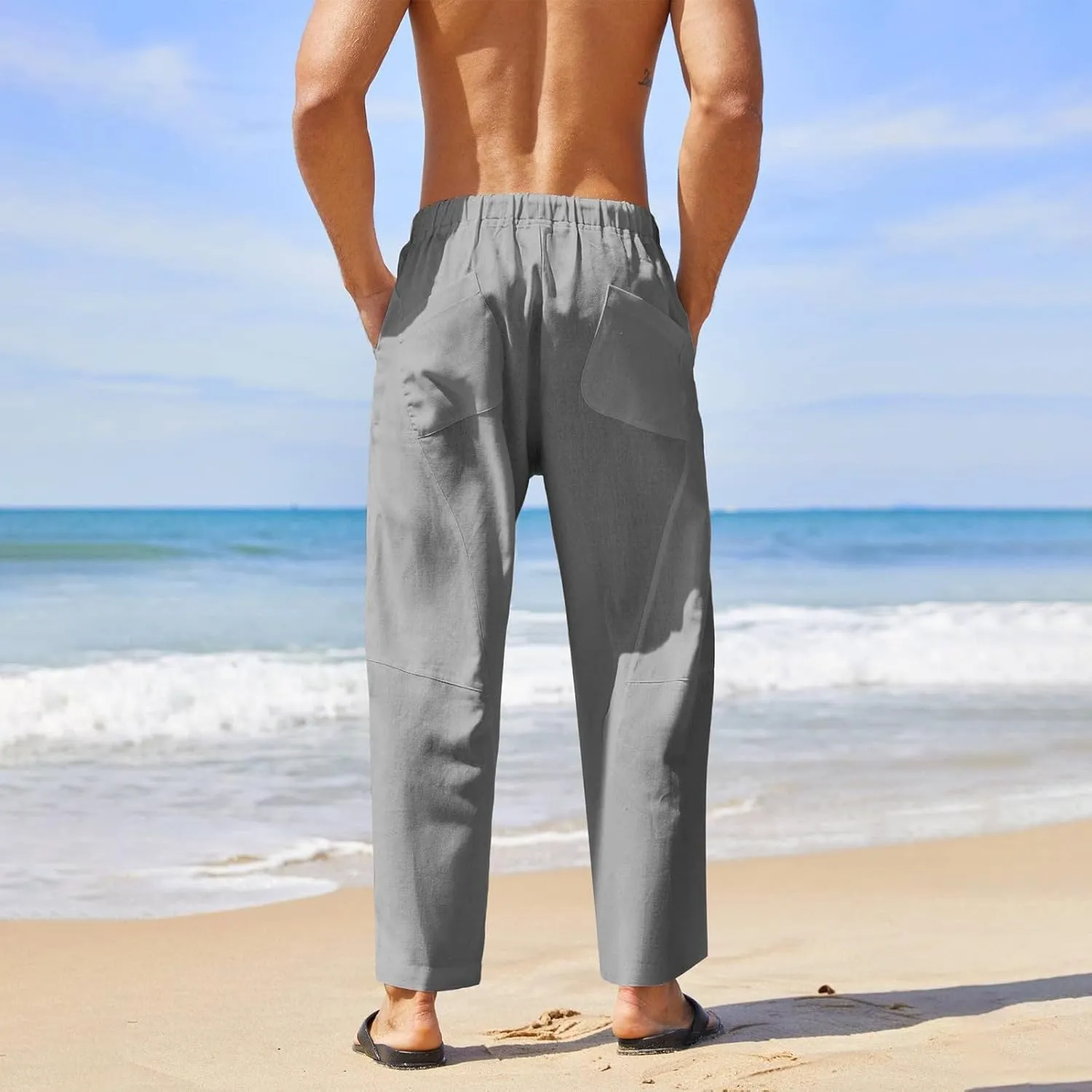 Summer Linen Cropped Pants for Men Straight Leg Elastic Waist Beach Yoga Trousers with Drawstrings Loose Fit Outdoor Slacks