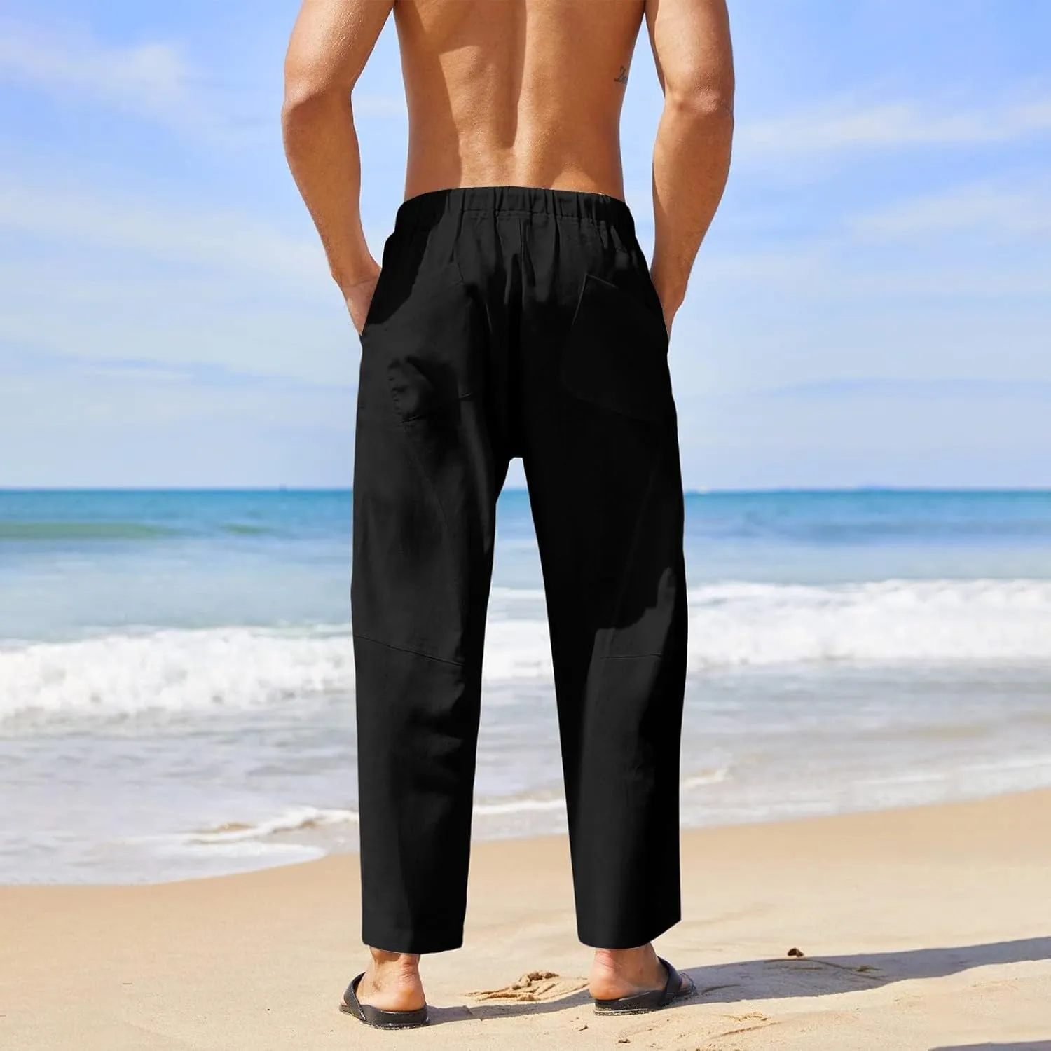 Summer Linen Cropped Pants for Men Straight Leg Elastic Waist Beach Yoga Trousers with Drawstrings Loose Fit Outdoor Slacks