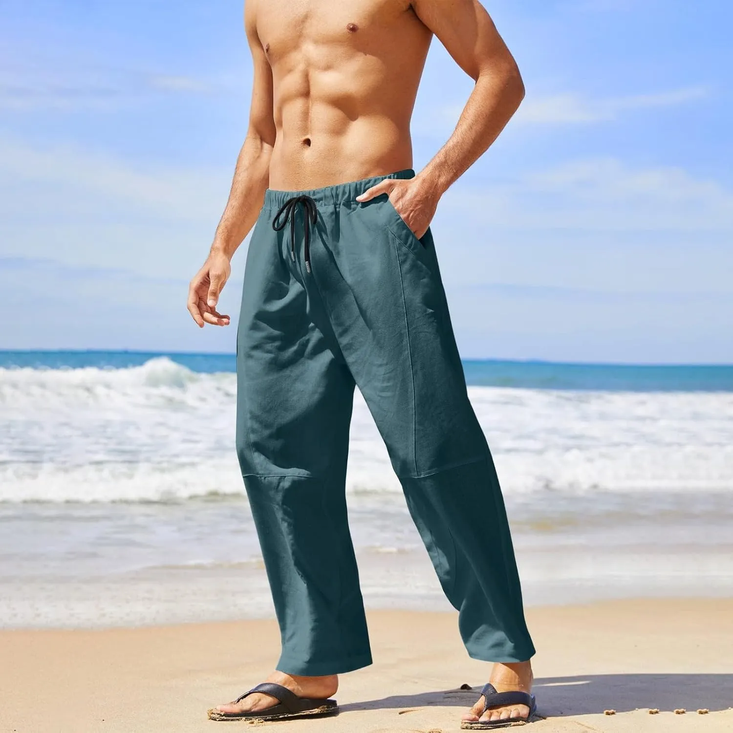 Summer Linen Cropped Pants for Men Straight Leg Elastic Waist Beach Yoga Trousers with Drawstrings Loose Fit Outdoor Slacks