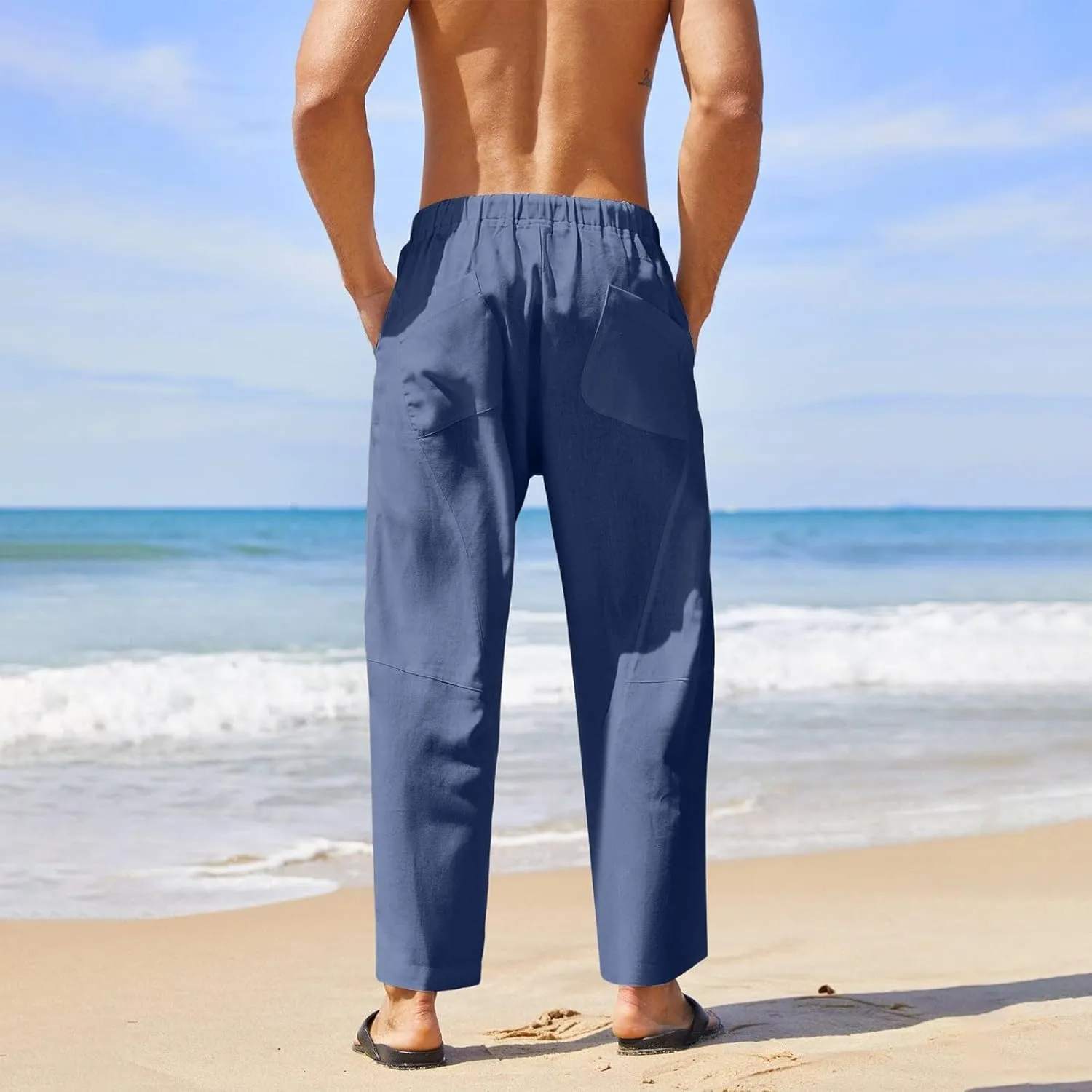 Summer Linen Cropped Pants for Men Straight Leg Elastic Waist Beach Yoga Trousers with Drawstrings Loose Fit Outdoor Slacks