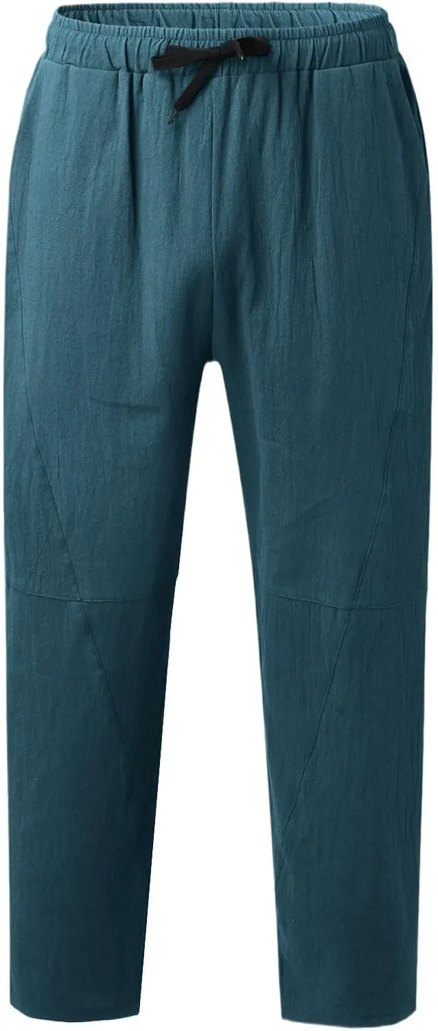 Summer Linen Cropped Pants for Men Straight Leg Elastic Waist Beach Yoga Trousers with Drawstrings Loose Fit Outdoor Slacks