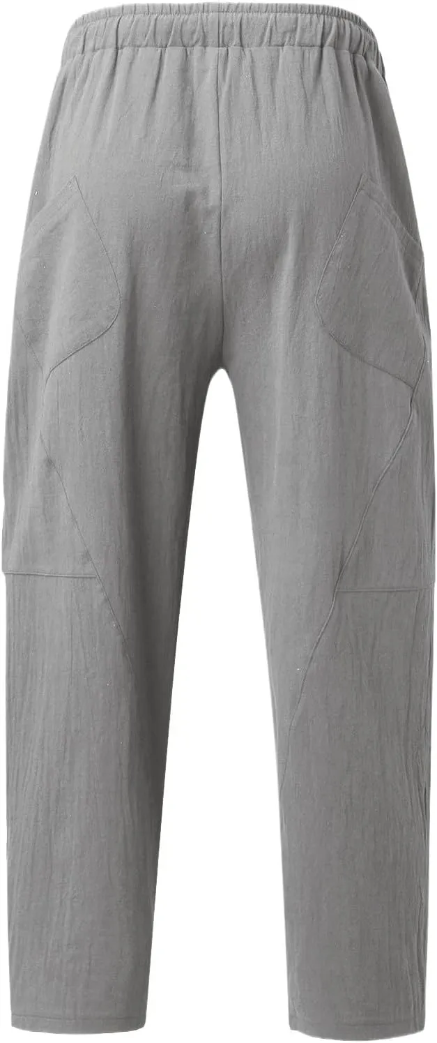 Summer Linen Cropped Pants for Men Straight Leg Elastic Waist Beach Yoga Trousers with Drawstrings Loose Fit Outdoor Slacks