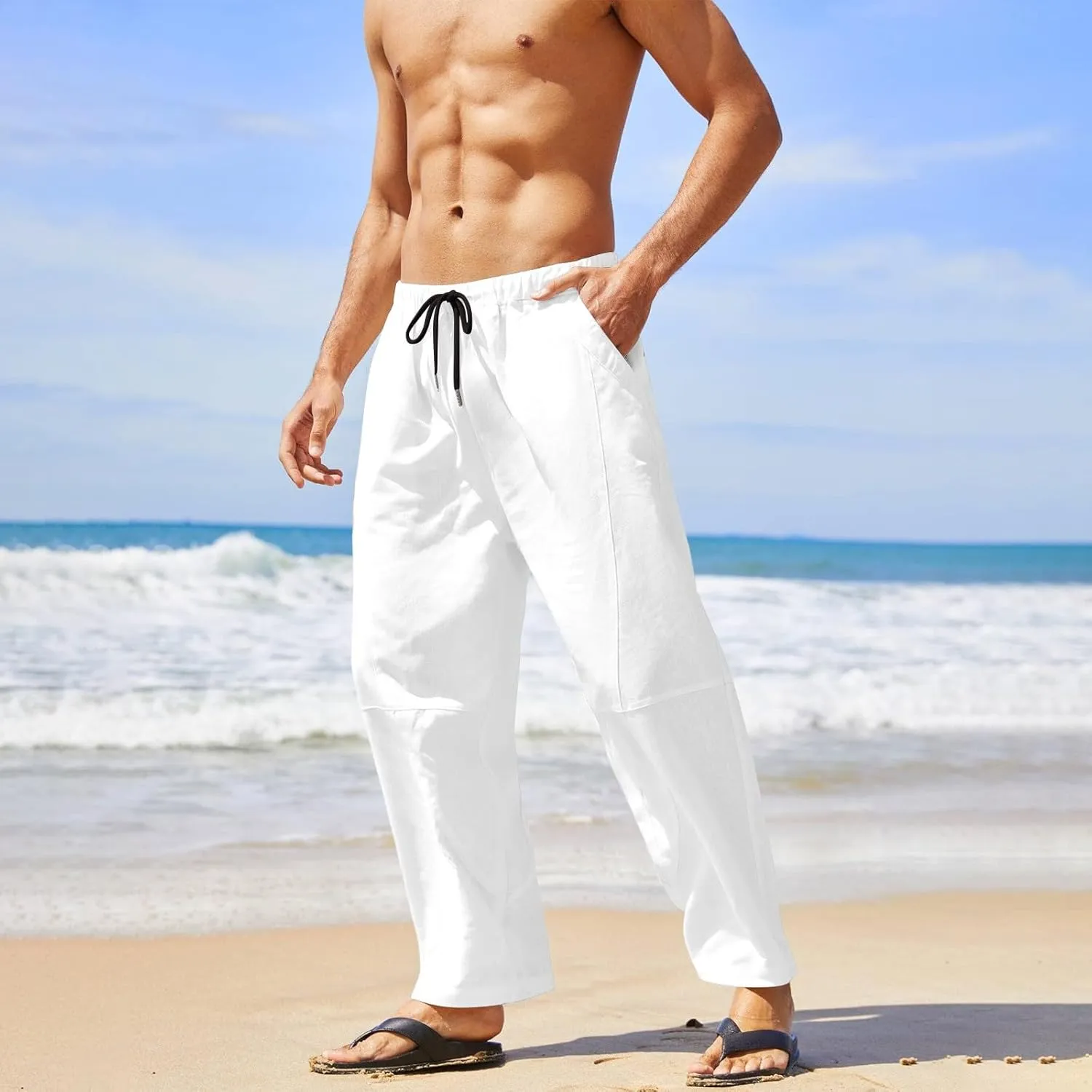 Summer Linen Cropped Pants for Men Straight Leg Elastic Waist Beach Yoga Trousers with Drawstrings Loose Fit Outdoor Slacks