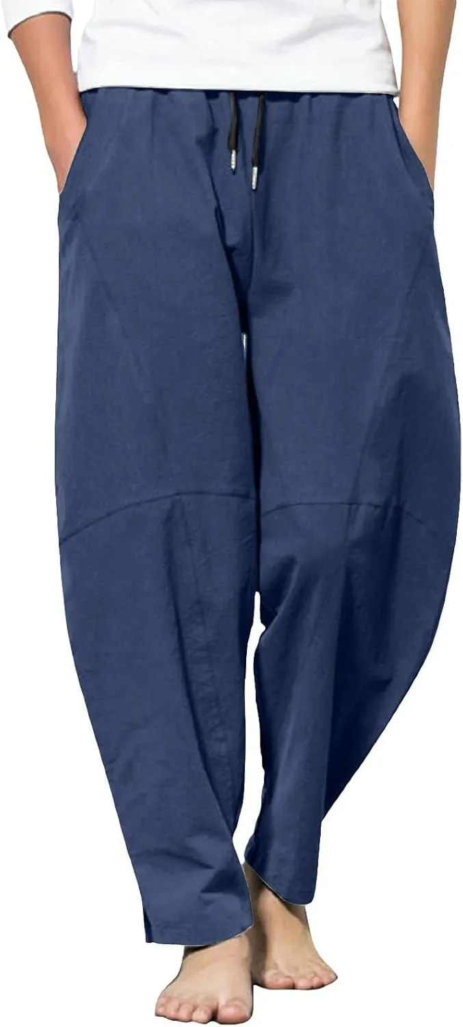 Summer Linen Cropped Pants for Men Straight Leg Elastic Waist Beach Yoga Trousers with Drawstrings Loose Fit Outdoor Slacks