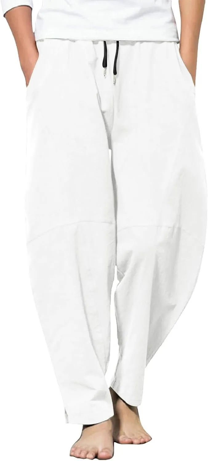 Summer Linen Cropped Pants for Men Straight Leg Elastic Waist Beach Yoga Trousers with Drawstrings Loose Fit Outdoor Slacks