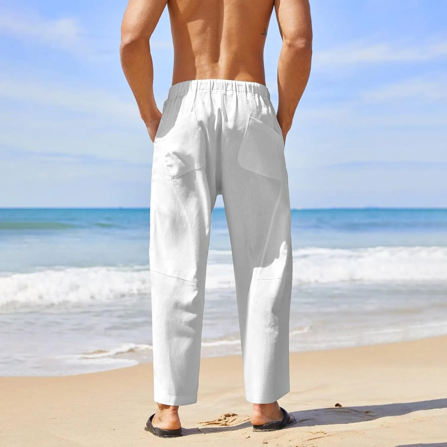 Summer Linen Cropped Pants for Men Straight Leg Elastic Waist Beach Yoga Trousers with Drawstrings Loose Fit Outdoor Slacks