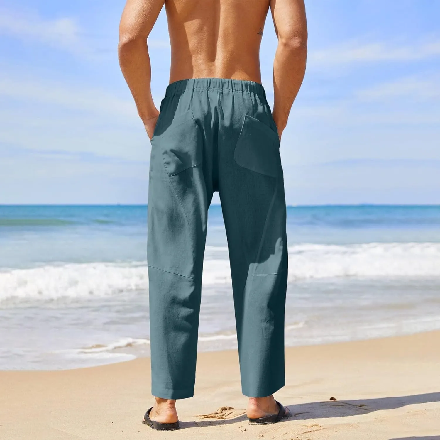 Summer Linen Cropped Pants for Men Straight Leg Elastic Waist Beach Yoga Trousers with Drawstrings Loose Fit Outdoor Slacks