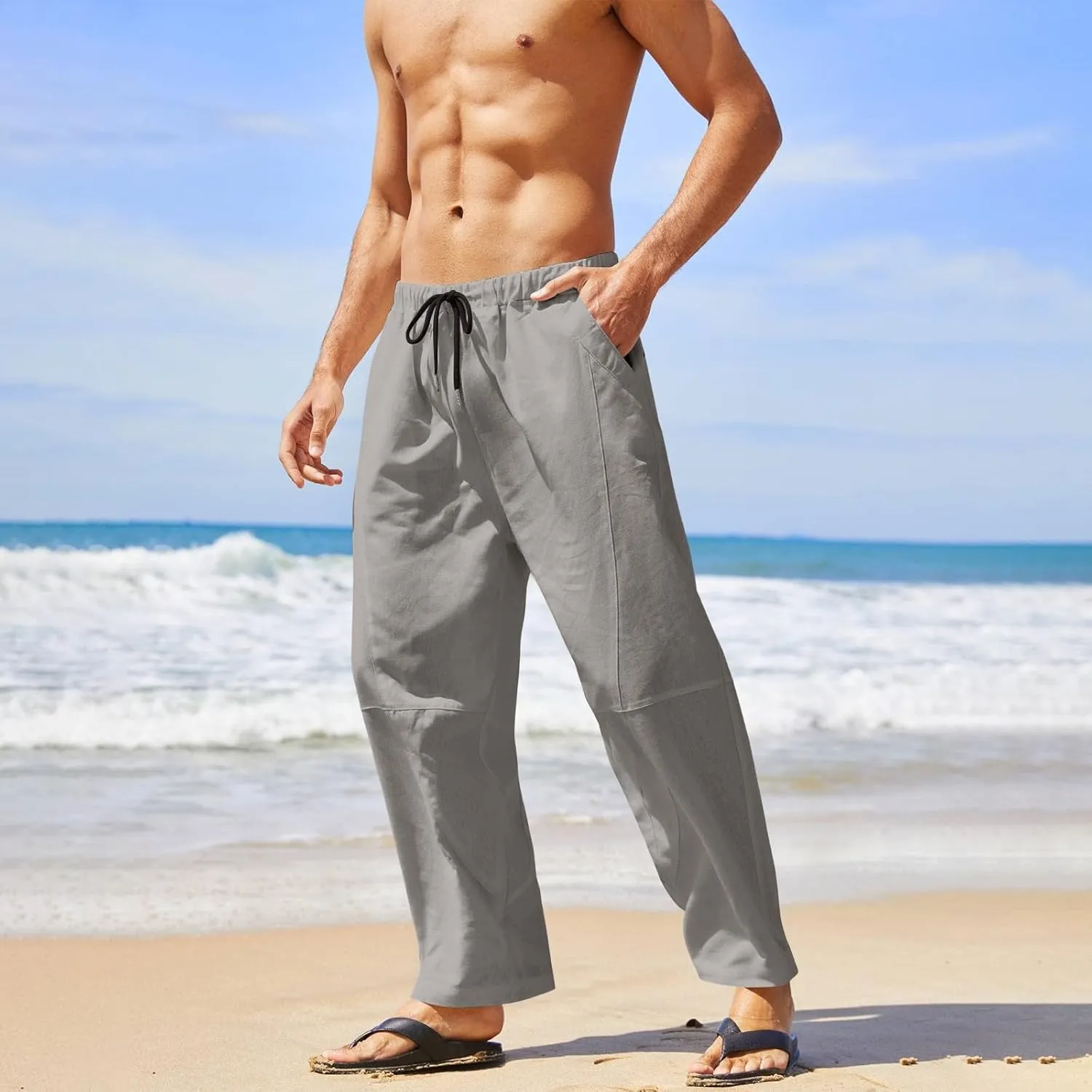 Summer Linen Cropped Pants for Men Straight Leg Elastic Waist Beach Yoga Trousers with Drawstrings Loose Fit Outdoor Slacks