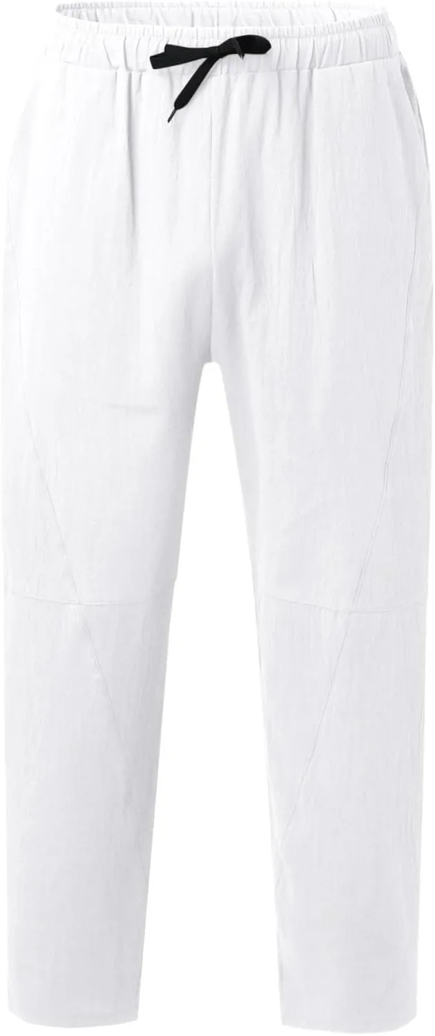Summer Linen Cropped Pants for Men Straight Leg Elastic Waist Beach Yoga Trousers with Drawstrings Loose Fit Outdoor Slacks