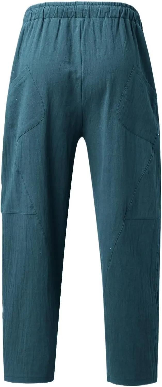 Summer Linen Cropped Pants for Men Straight Leg Elastic Waist Beach Yoga Trousers with Drawstrings Loose Fit Outdoor Slacks