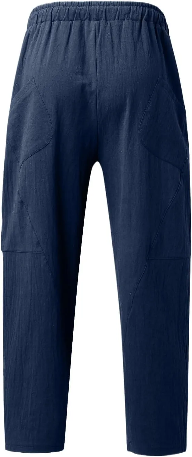 Summer Linen Cropped Pants for Men Straight Leg Elastic Waist Beach Yoga Trousers with Drawstrings Loose Fit Outdoor Slacks