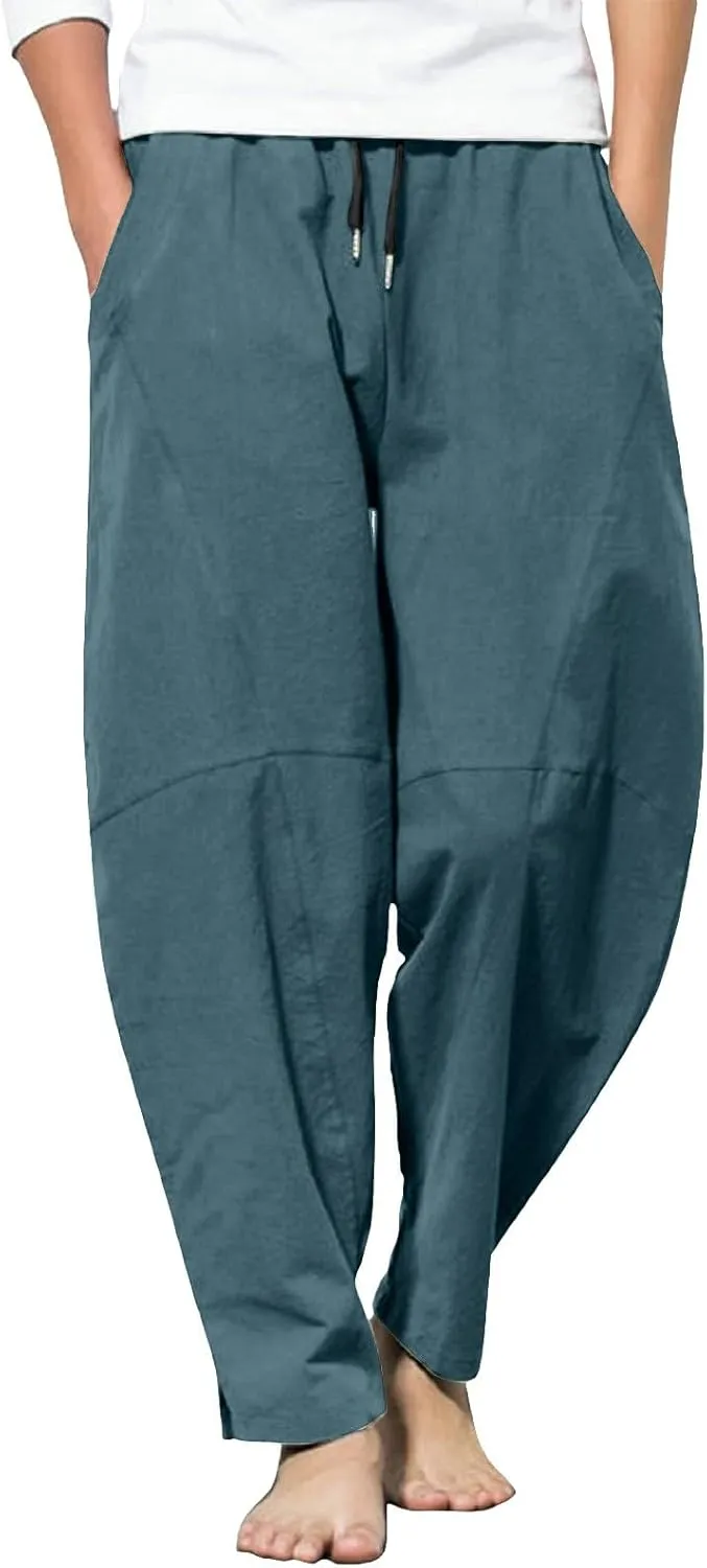 Summer Linen Cropped Pants for Men Straight Leg Elastic Waist Beach Yoga Trousers with Drawstrings Loose Fit Outdoor Slacks