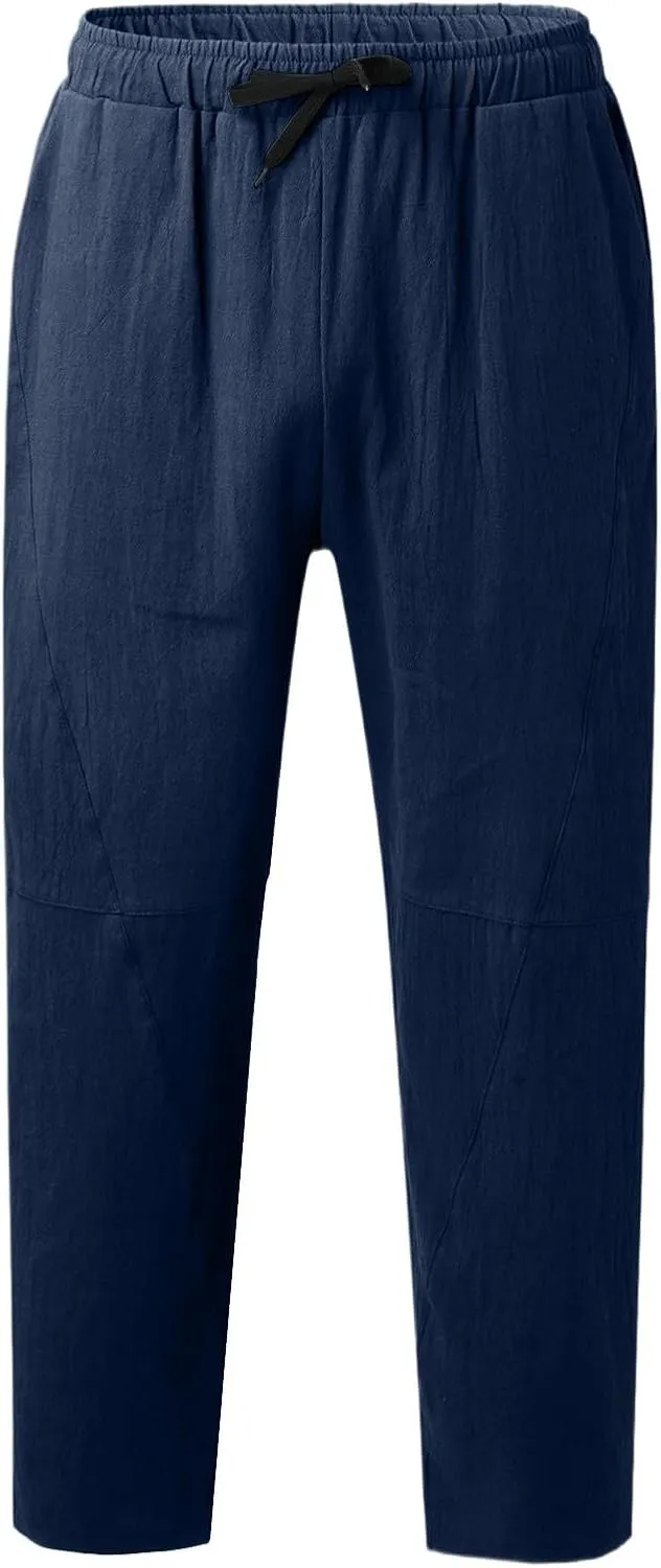 Summer Linen Cropped Pants for Men Straight Leg Elastic Waist Beach Yoga Trousers with Drawstrings Loose Fit Outdoor Slacks